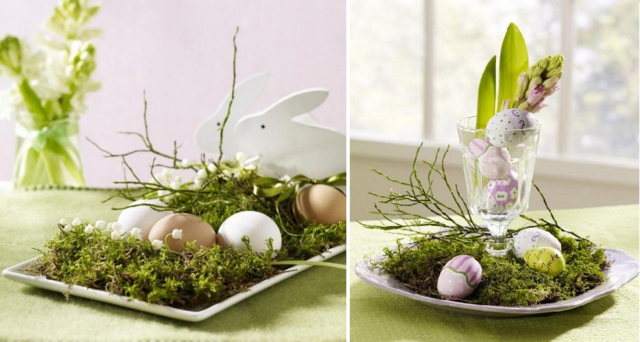 table déco lapin assiette œufs fleurs branches tissue