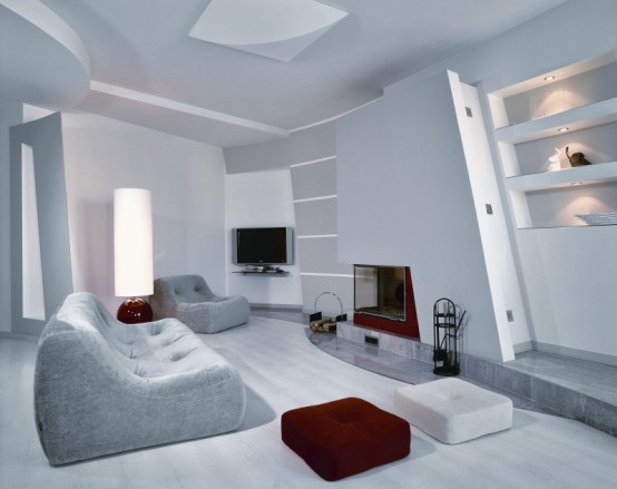 appartement moderne minimaliste salon spacieux elements rouges