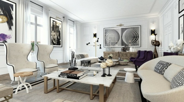 Aperçu du salon avec tout ses petits ou grands éléments décoratifs  appartement saint germain blanc noir