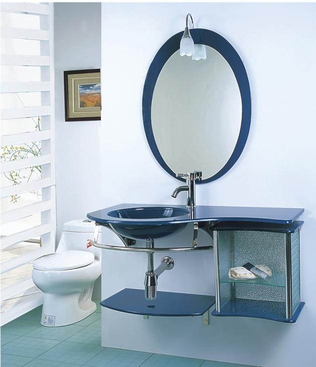 Idée-déco-salle-de-bains-couleur-bleue-miroir-ovale-sous-lavabo