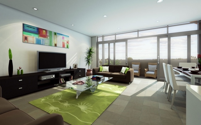aménagement-de-salon-meubles-modernes-table-basse-rectangulaire-tapis-vert