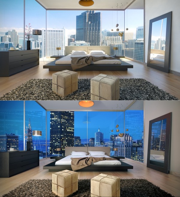 Chambre à coucher de luxe avec vue splendide métropolitaine fenêtres panoramiques 