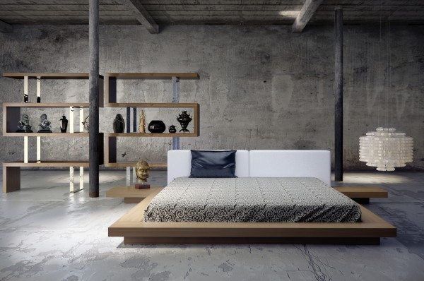 Style industriel et brut chambre à coucher lit grand