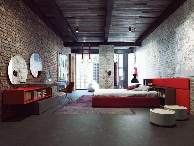 chambre à coucher moderne  rouge gris mur en briques et couleurs contraste pour cette 