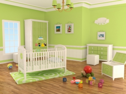 chambre-bébé-fille-murs-vert-anis-motifs-blancs-mobilier-blanc-vert