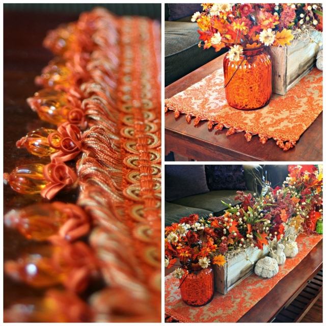 chemin-table-DIY-décoration-automne-orange-verroterie-bouquets-fleurs-orange chemin de table d'automne
