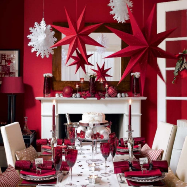 décoration-de-salon-hiver-idée-originale-rouge-blanc-etoiles-flacon-neige-noel