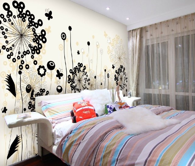 décoration-murale-idée-originale-motif-floral-chambre-coucher