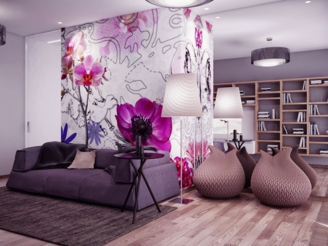 décoration-murale-idée-originale-motif-floral-couleur-violette