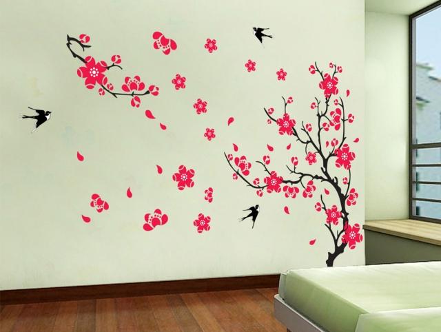 décoration-murale-idée-originale-motif-floral-oiseaux