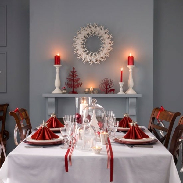 décoration-table-Noël-serviettes-rouges-chemin-table-blanc-rouge décoration de table pour Noël