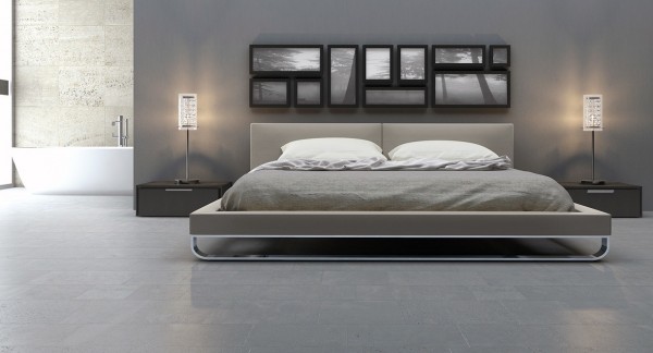 Chambre à coucher artistique avec tableaux géométriques gris moderne