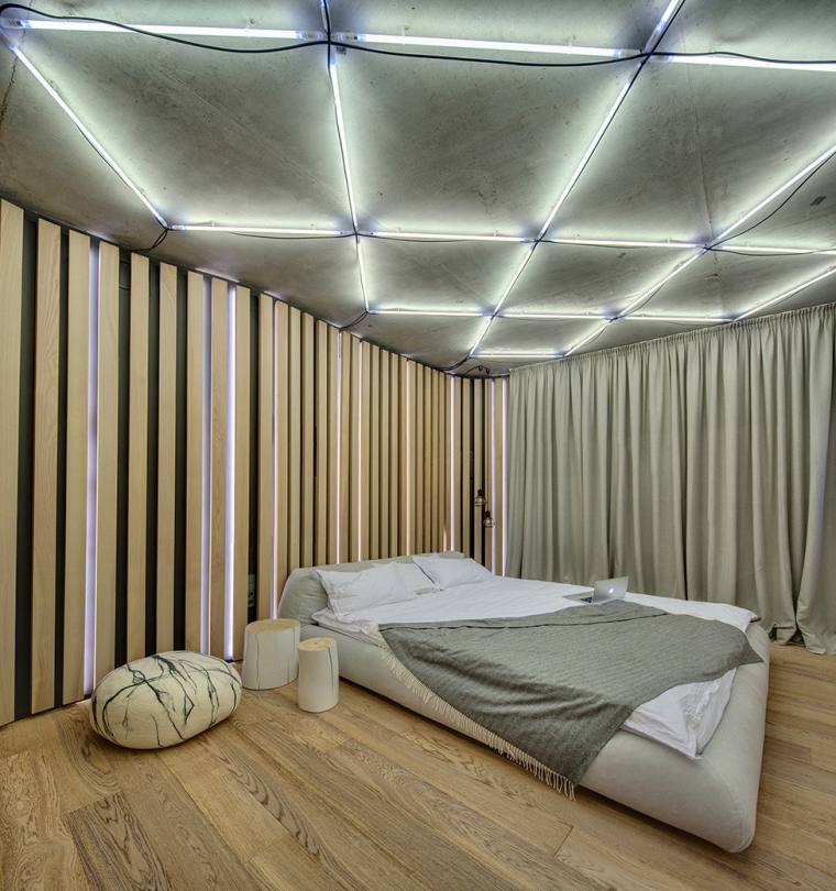 faux plafond moderne éclairage béton bois chambre