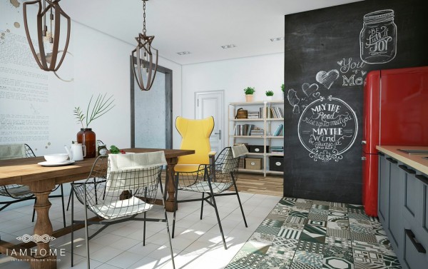 design conception salle à manger cuisine avec des meubles design de couleurs différentes