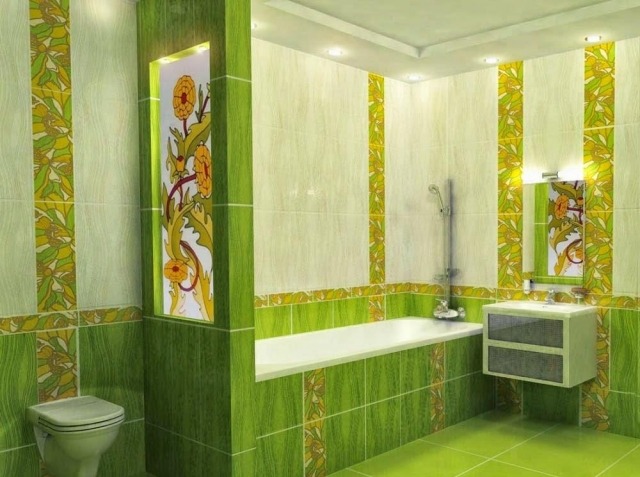 idées-carrelage-salle-de-bains-couleur-blanche-verte-motif-floral