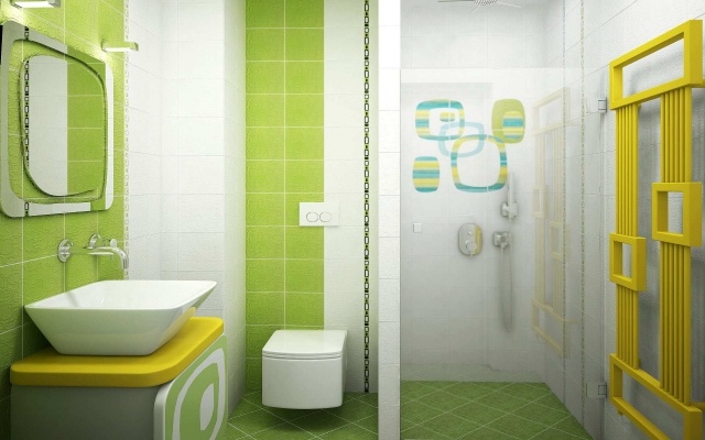 idées carrelage salle de bains couleur verte blanche touches