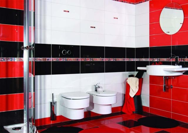 idées carrelage salle de bains rouge-blanc-noir