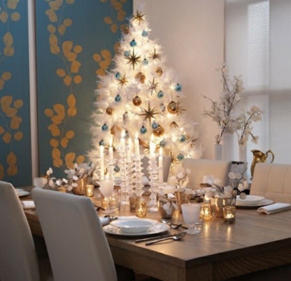 idées-table-Noël-décoration-sapin-Noel-blanc-ornements-or-bleu-clair-bougeoirs-cristal idées table de Noël