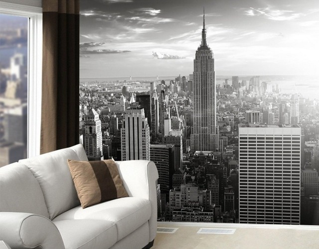 papier-peint-New-York-noir-blanc-salon-canapé-blanc-salon-gratte-ciel papier peint New York