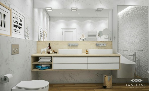 Simple salle de bains en blanc et gris meubles ordinaires lumière