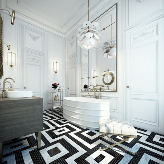Mosaïque particulière en noir et blanc pour le sol salle de bains  déco intérieur blanche