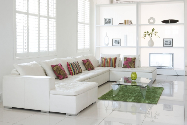 salon moderne blanc carpette verte table