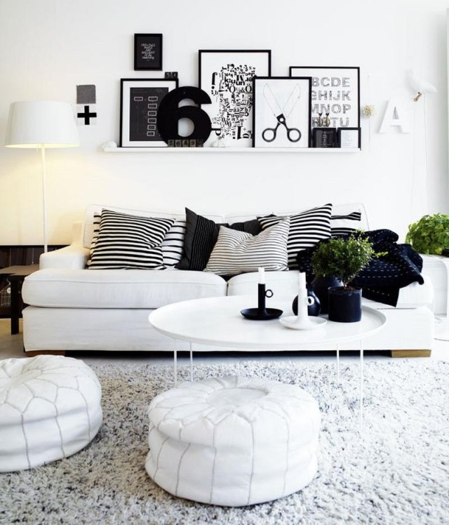 salon moderne blanc noir tapis gris