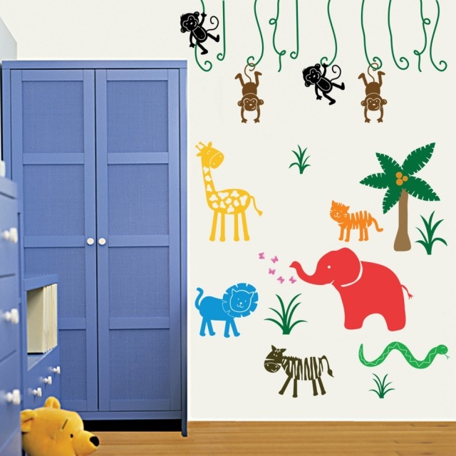 stickers-chambre-bébé-thème-jungle-animaux-sauvages-murs-blancs