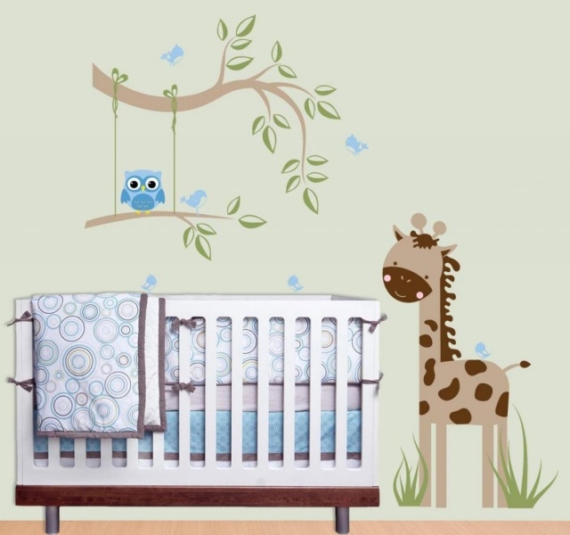 stickers-chambre-bébé-thème-jungle-girafe-branche-chouette-bleue stickers chambre bébé