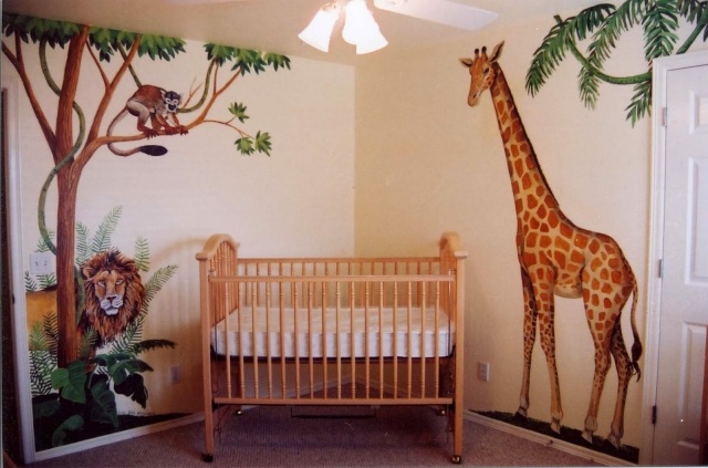 stickers-chambre-bébé-thème-jungle-girafe-lion-arbres-singe