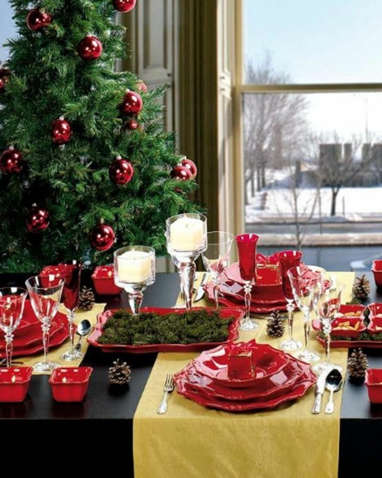 sapin de Noël déco bougies assiettes rouge 
