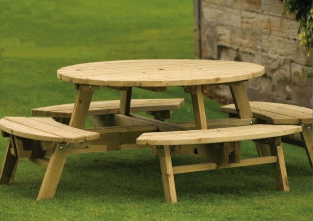 table-jardin-bois-élégante-ronde-bancs table de jardin