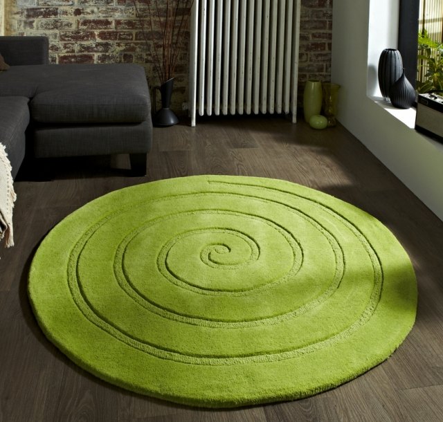 tapis laine vert rond motif spirale