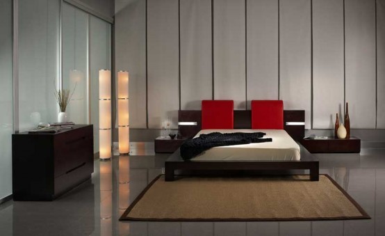 tete lit originale accents rouges chambre coucher minimaliste