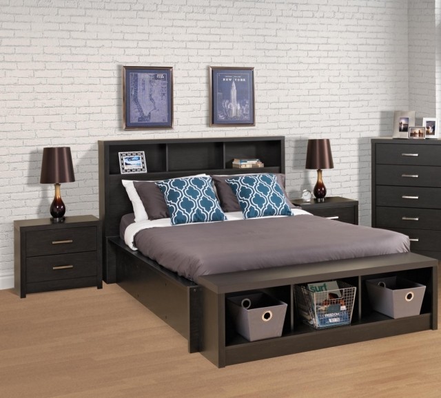 tête-lit-rangement-bois-noir-étagères-tables-chevet-commode tête de lit