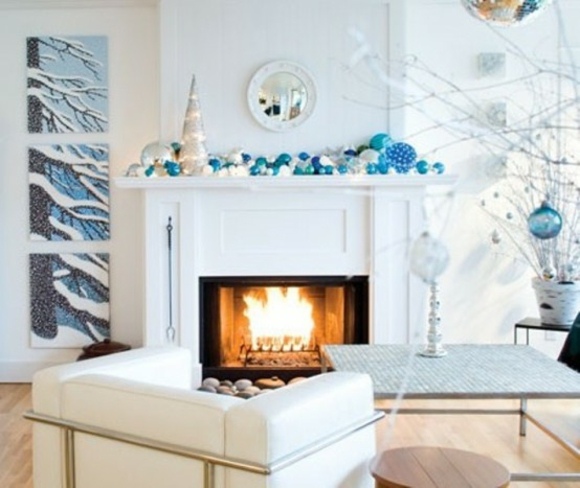 cheminée de Noël deco blanc bleu