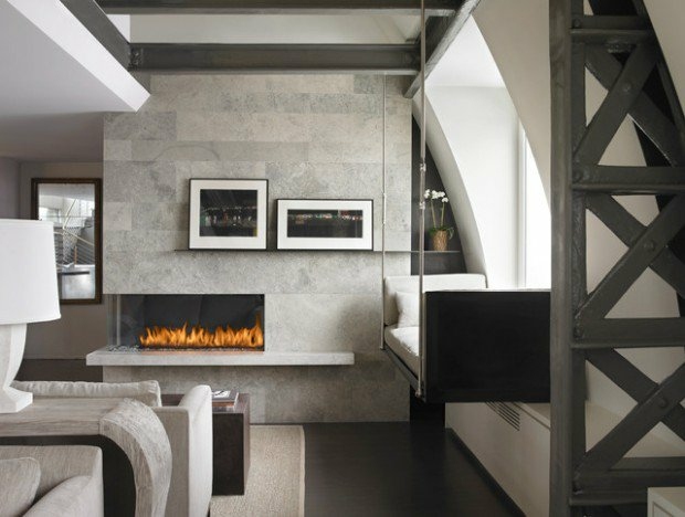 Design d’intérieur froid réchauffe gris bois feu cette cheminée