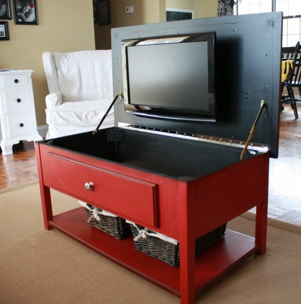 Table tiroir contient la télé rouge originale 