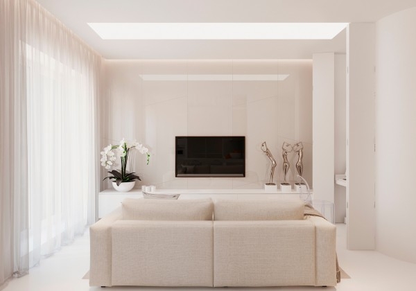 Appartement monochrome avec intérieur design moderne chaleureux
