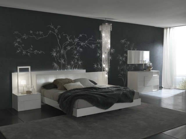 chambre a coucher moderne couleur gris motifs murs