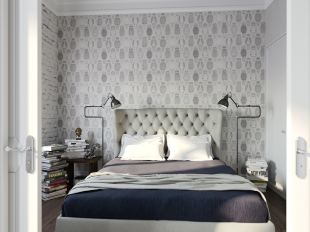 chambre moderne chic tête de lit tuftée et papier peint motifs