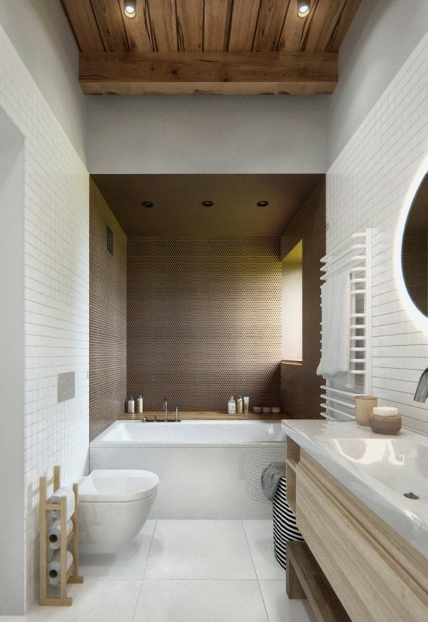 salle de bain moderne avec un plafond bois