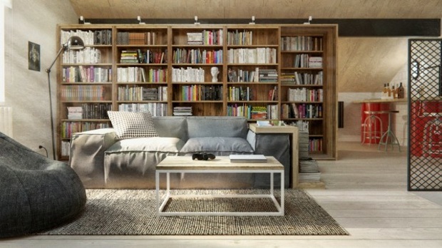 salle de séjour scandinave meuble bibliothèque cloison