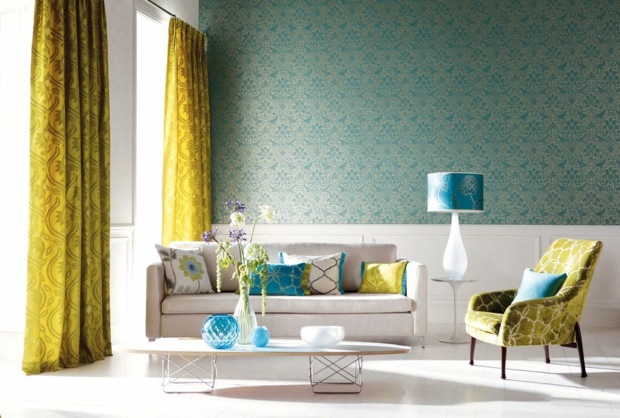 superbe salon avec papier peint motifs délicats accents turquoises