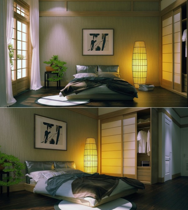 chambre à coucher zen avec lampadaire design
