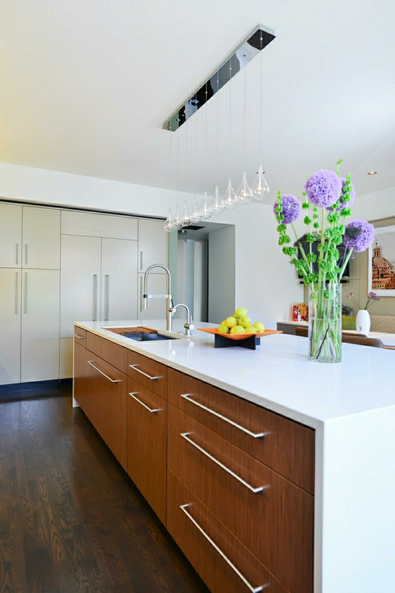 design d'intérieur cuisine moderne originale clean déco fleurs placard lampes suspendues en verre