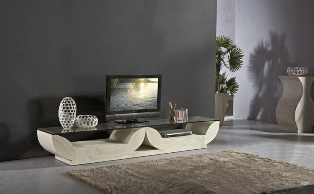 mobilier design table TV pierre verre