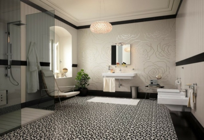 idée déco salle de bain lampe design noir et blanc chaise confort 