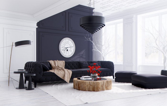 noir blanc salon table en bois canapé noir poufs noires lampe design noir horloge