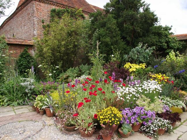 terrasse jardin vue fleurs differents pots argile